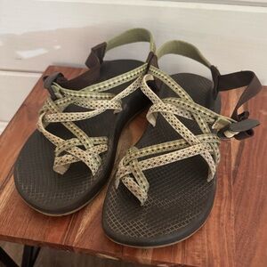 W8 Chaco Sandals with Green and Brown straps